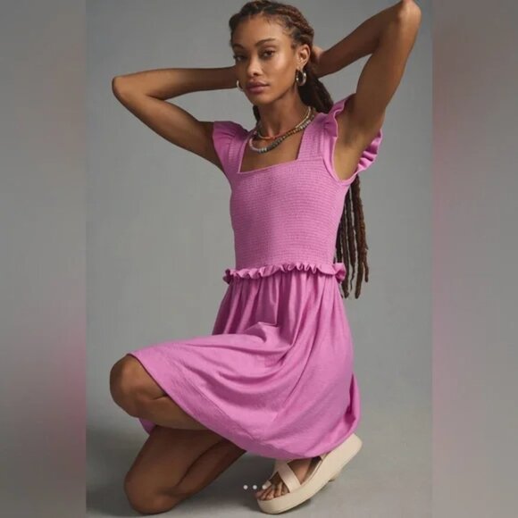 Nation LTD Ginger Smocked Flutter Sleeve Mini Dress XS - Picture 1 of 16